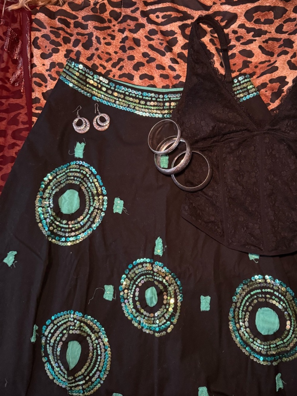 vintage black and teal sequin skirt